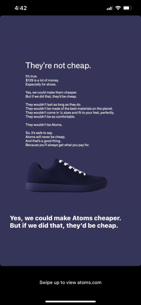 Atoms instagram ad on quality not cheap
